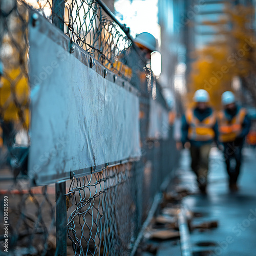 A clean banner mockup on a fence at a construction site with workers in the background photo
