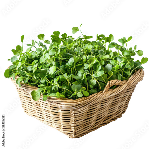 Fresh watercress in a woven basket against a clean Transparent background for culinary use, watercress in a basketisolated on PNG background