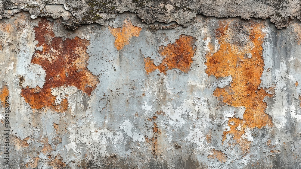 Fototapeta premium Weathered Concrete Wall with Rust and Peeling Paint Showing Textured Urban Decay