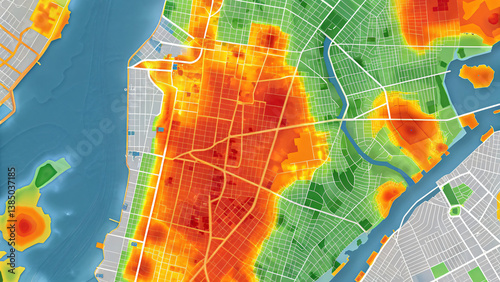 Colorful Heat Map of Urban Landscape Showcasing Density and Accessibility Zones