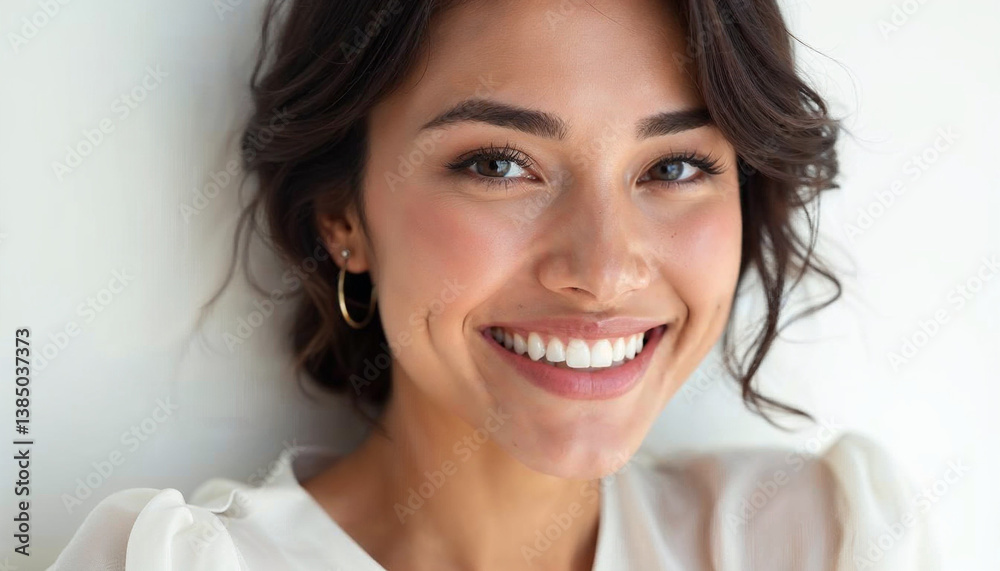 Close-up of smiling woman with perfect teeth on a white background for dental ads. Close-up of smiling woman with perfect teeth on a white background for dental ads.