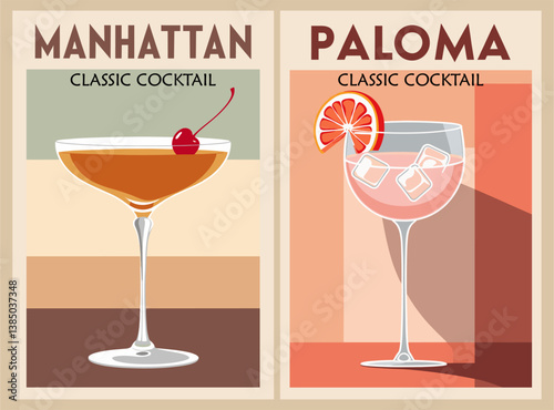 Cocktails retro poster set. Manhattan, Paloma. Collection of popular alcohol drinks. Vintage style vector illustrations, bar, pub, restaurant, kitchen wall art print