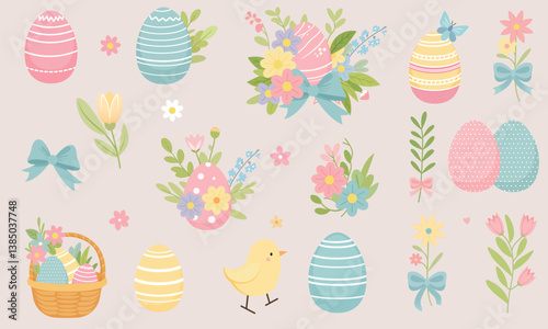 Spring Easter collection with cute bird, eggs and flowers. Vector isolates on a light pink background.