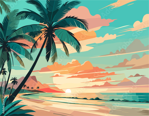 A tropical beach scene with palm trees and a sandy shoreline. The sky is blue and there are some clouds. Scene is peaceful and relaxing
