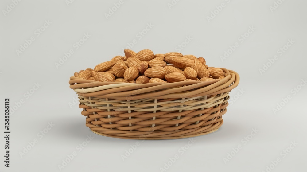 hyper realistic Almonds on basket photo , Solid White Background, food photography, hyper realistic Almonds on basket photo , Solid White Background, food photography,