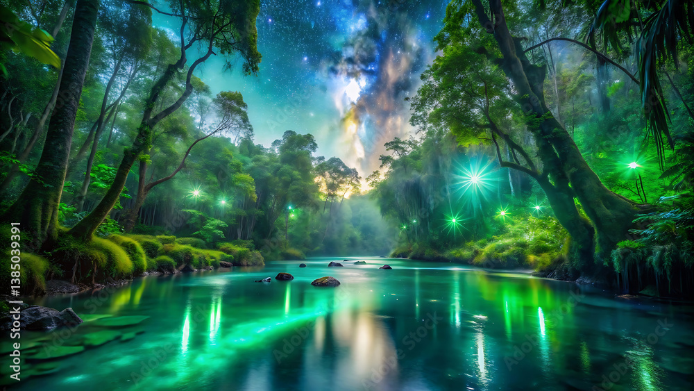 Fototapeta premium Green Glowing Enchanted Forest with Starry Sky and Stream