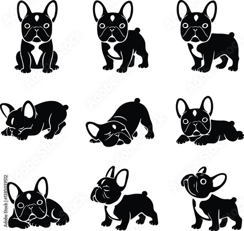 French Bulldog Silhouette Set | Adorable Canine, Puppy, and Animal Icon Illustration French Bulldog Silhouette Set | Cute Dog Breed and Pet Vector Collection