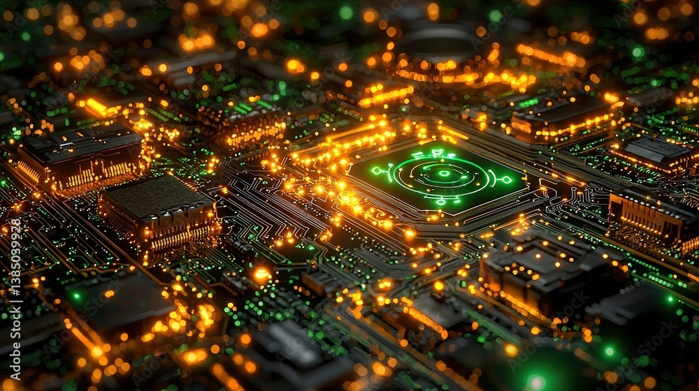 Obraz premium Futuristic Green Circuit Board with Illuminated Components and Glowing Connections