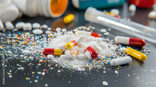 Colorful capsules and tablets scattered on dark surface, surrounded by powder and medical equipment, evoke sense of urgency and care