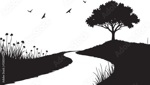 Peaceful Countryside Path in Silhouette

Black and White Nature Landscape with Tree and Birds

Minimalist Rural Scene with Curved Path and Flowers