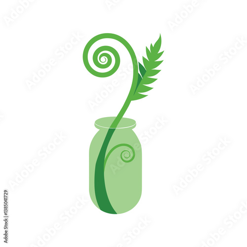  A curled fern frond unfurling in a jar of water.
