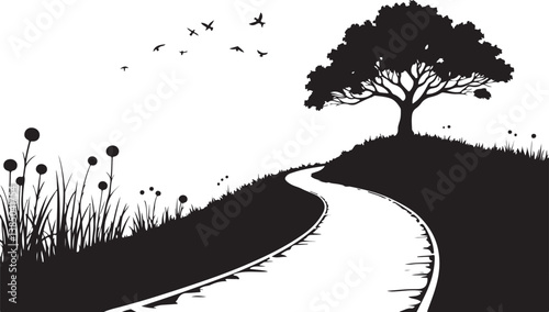 Peaceful Countryside Path in Silhouette

Black and White Nature Landscape with Tree and Birds

Minimalist Rural Scene with Curved Path and Flowers