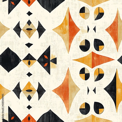 A seamless abstract pattern of hand-drawn geometric doodles in muted earth tones, arranged in a flowing symmetrical layout, viewed from directly above for flat vector-like clarity