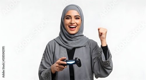 Excited Arab Woman Playing Video Games with Controller