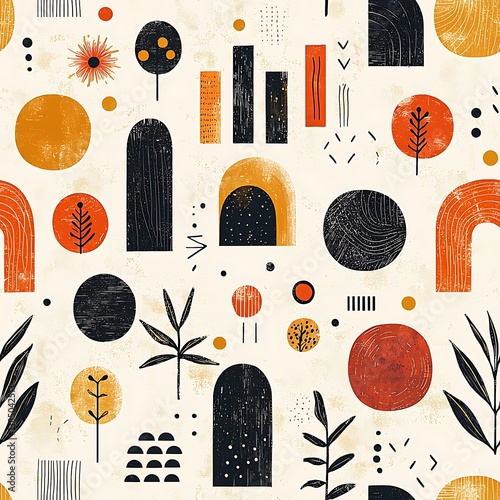 A seamless abstract pattern of hand-drawn geometric doodles in muted earth tones, arranged in a flowing symmetrical layout, viewed from directly above for flat vector-like clarity