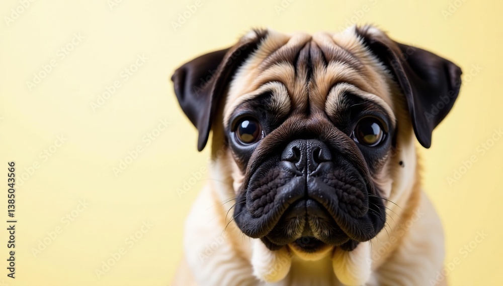 Close-up of a pug's face, ears, and wrinkles, isolated, eyes, white background Close-up of a pug's face, ears, and wrinkles, isolated, eyes, white background