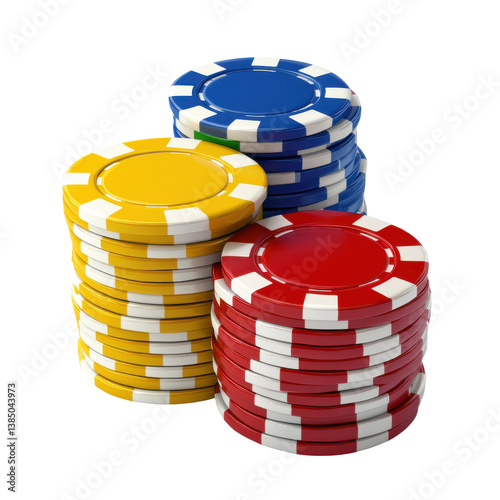 Colorful casino poker chips stacks on transparent background