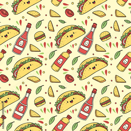 tacos, nachos, burritos, and hot sauce bottles for Cinco de Mayo 