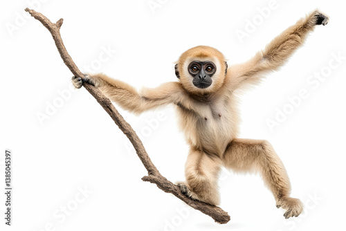 Adorable gibbon swinging playfully from a branch against a white background