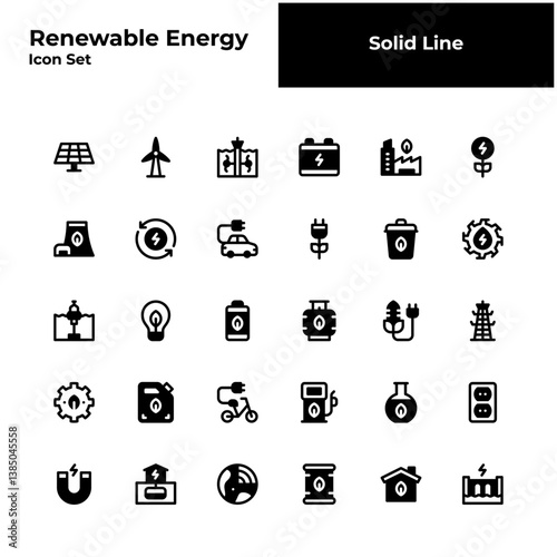 renewable energy solid line icon set. renewable energy glyph icon set.
