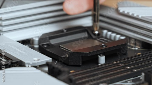 The master tightens the screws to attach the backplate to the motherboard. PC assembly. Installing a liquid cooling system for the processor. 4k