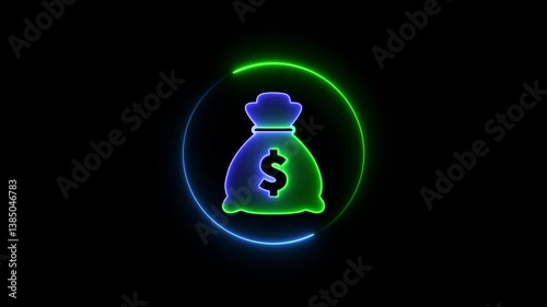 Glowing neon Money bag icon isolated, neon Coin sack sign business concept With neon Circle animation .