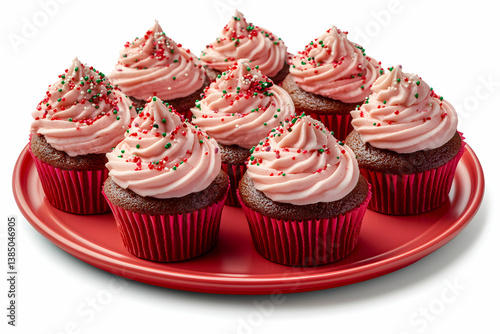 Festive Frosted Christmas Cupcakes with Colorful Sprinkles on a Red Plate photo