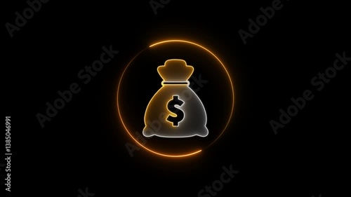 Glowing neon Money bag icon isolated, neon Coin sack sign business concept With neon Circle animation .