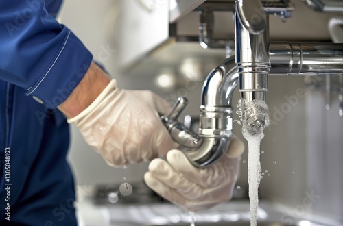 Skilled plumber wearing protective gloves, fixing leaking kitchen sink siphon, preventing water damage and maintaining drainage system photo