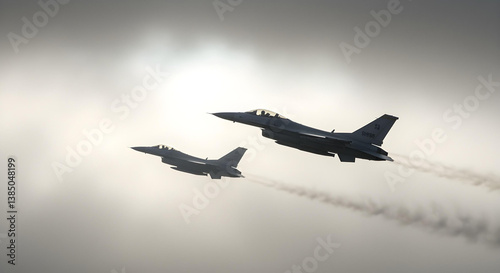 Two F-16 fighter jets flying in close formation through misty clouds, showcasing precision and strength.
