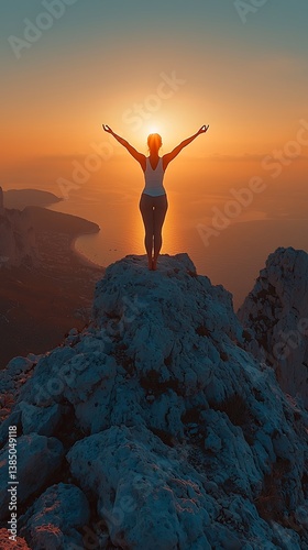 A silhouette of a person practicing yoga on a mountain peak at sunrise, arms stretched towards the sky, glowing horizon in the background, symbolizing balance and renewal