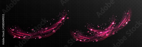 Pink fresh air or wind effect with leaves on transparent background. Vector realistic illustration with sparkling particles, sakura petals, romantic vortex, spring leaves