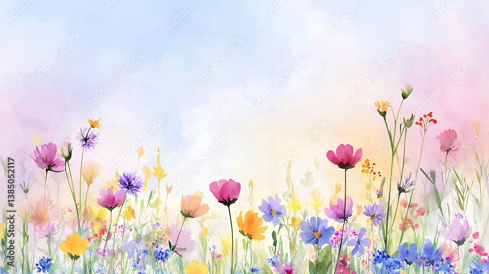 vibrant field of wildflowers in various colors, showcasing beautiful blend of pink, purple, yellow, and blue blooms under soft pastel sky vibrant field of wildflowers in various colors, showcasing beautiful blend of pink, purple, yellow, and blue blooms under soft pastel sky