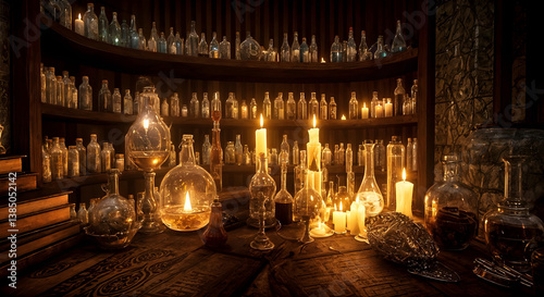 Alchemist workshop. A strange and creepy room with cabinets of curiosities filled with lots of bottles and glass jars. CG Artwork Background. AI generated digital illustration