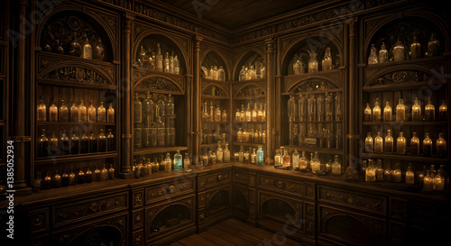 Alchemist workshop. A strange and creepy room with cabinets of curiosities filled with lots of bottles and glass jars. CG Artwork Background. AI generated digital illustration