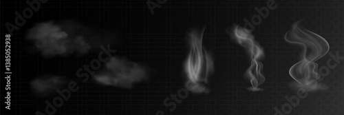 Set of steam or abstract white smog. Isolated on a black background. Wavy steam, fog, haze, gas, hot drinks, food. Vector