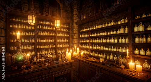 Alchemist workshop. A strange and creepy room with cabinets of curiosities filled with lots of bottles and glass jars. CG Artwork Background. AI generated digital illustration