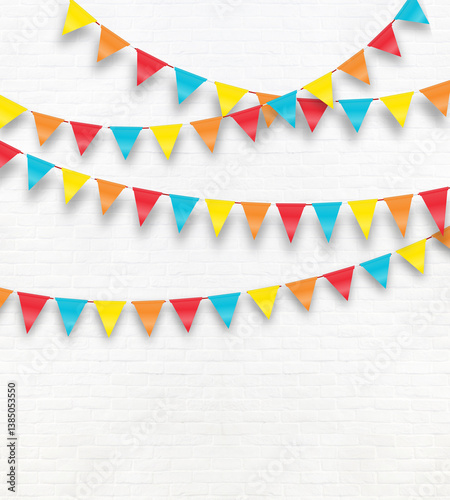 Colorful flags hanging party on white wall background, birthday, anniversary, celebration event, festival greeting card background, scene for shooting.