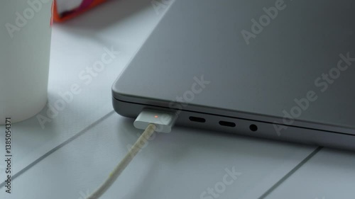 Hand plugging a charger into a laptop placed on a white desk. The image captures a close-up view of the charging device and laptop connection. Nearby is a coffee cup. High quality FullHD footage