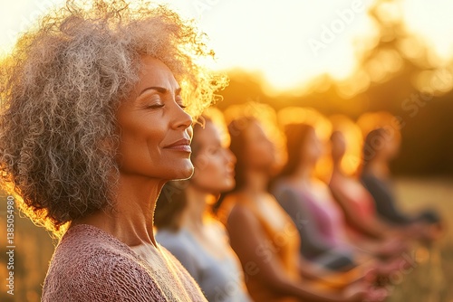 Female friends of a mature age attend a yoga retreat in a natural setting