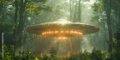 Flying Saucer Landing in Mystical Forest with Glowing Lights During Early Morning - Alien Spaceship Amidst Dense Trees, Futuristic Scene, Extraterrestrial Encounter, Sci-Fi Fantasy Concept