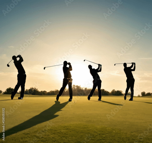 Golfers Silhouette at Sunset: Sport, Recreation, and Leisure