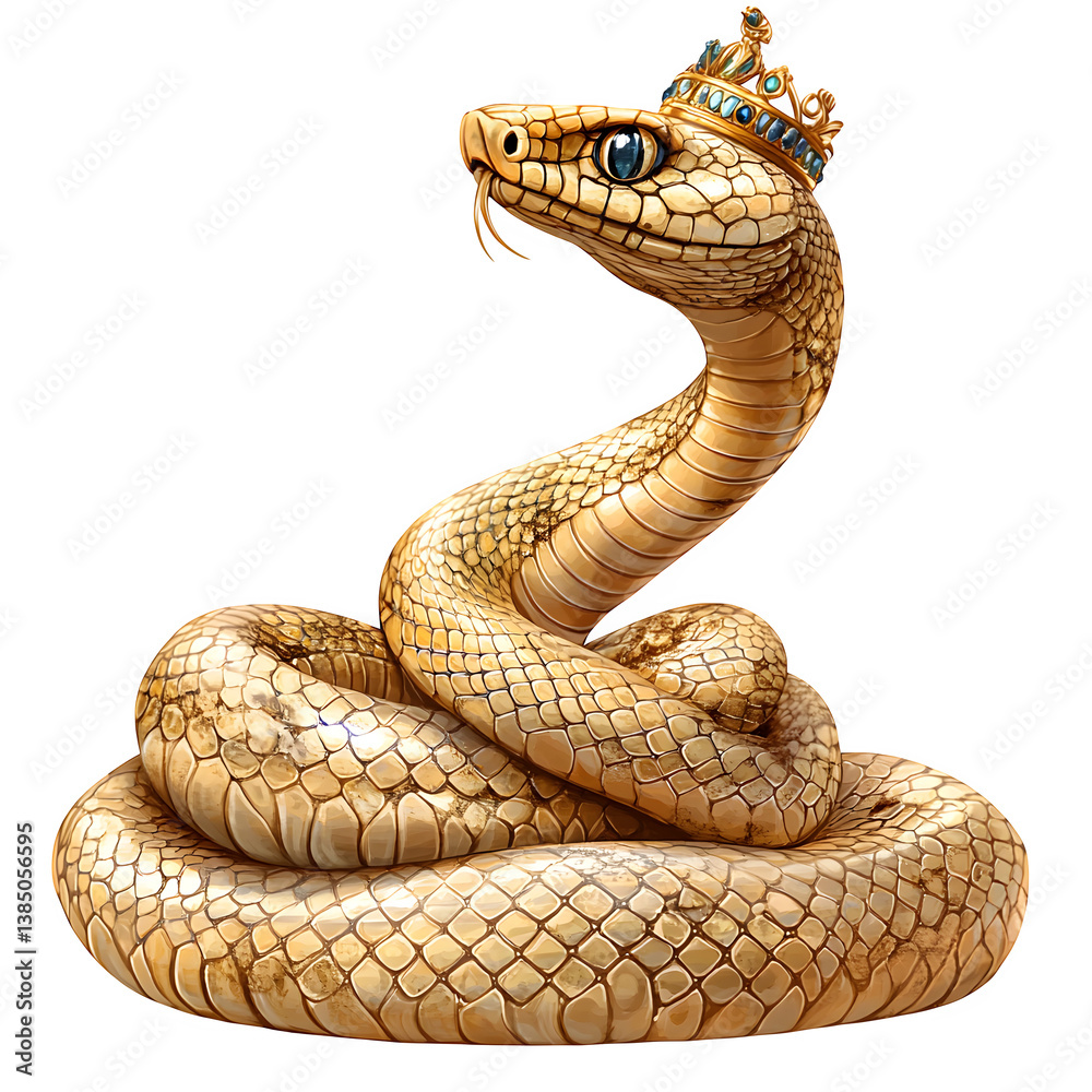 Fototapeta premium Golden Wadjet snake coiled around a pharaoh?s crown, isolated on transparent background.