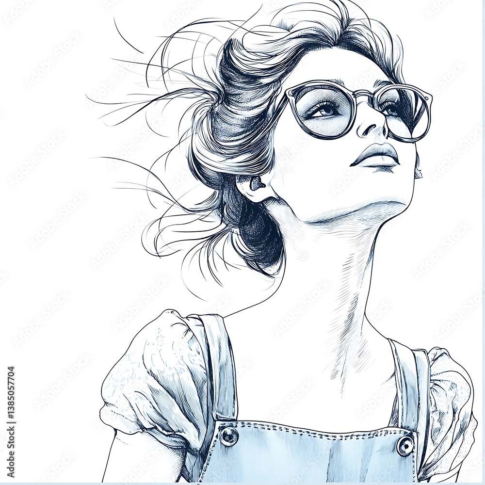 Fototapeta premium Stylish Woman in Overalls, Pen and Ink Illustration. A detailed drawing of a fashionable young woman looking upwards, wearing glasses and overalls.