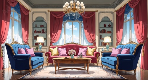 luxurious living room with velvet furniture anime cartoon style illustration artwork design background