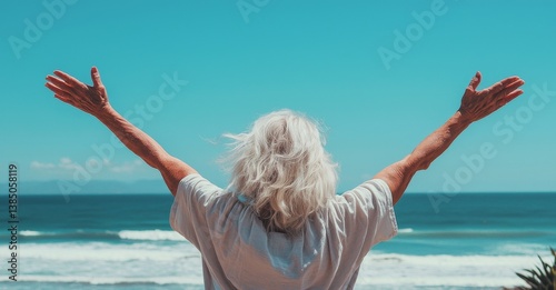 A mature gentleman with a multiracial background revels in his independence beside the sea, featuring copy space