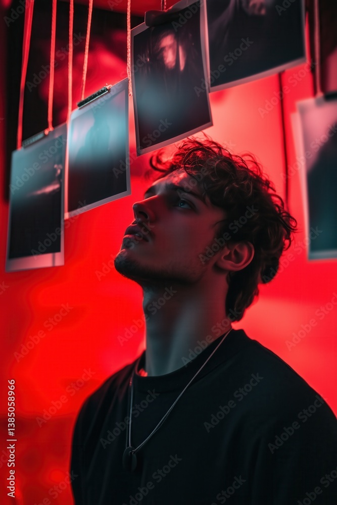 Silhouette of a photographer developing photos in a dark room. Man hanging printed photos in red lighted room. Old style photography.