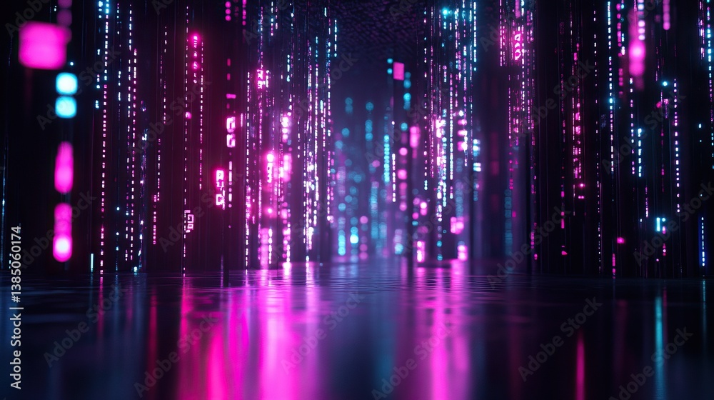 Abstract digital code cascade, dark futuristic space, neon lights reflections Abstract digital code cascade, dark futuristic space, neon lights reflections