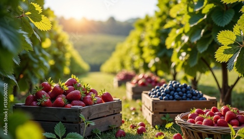 Fresh strawberries and blueberries in wooden crates at berry farm during sunset for seasonal harvest and organic farming themes