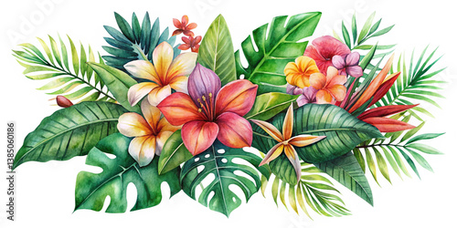 Fototapeta Naklejka Na Ścianę i Meble -  A watercolor illustration on a white background showcases a vibrant bouquet of tropical flowers and palm leaves, perfect for a jungle design 